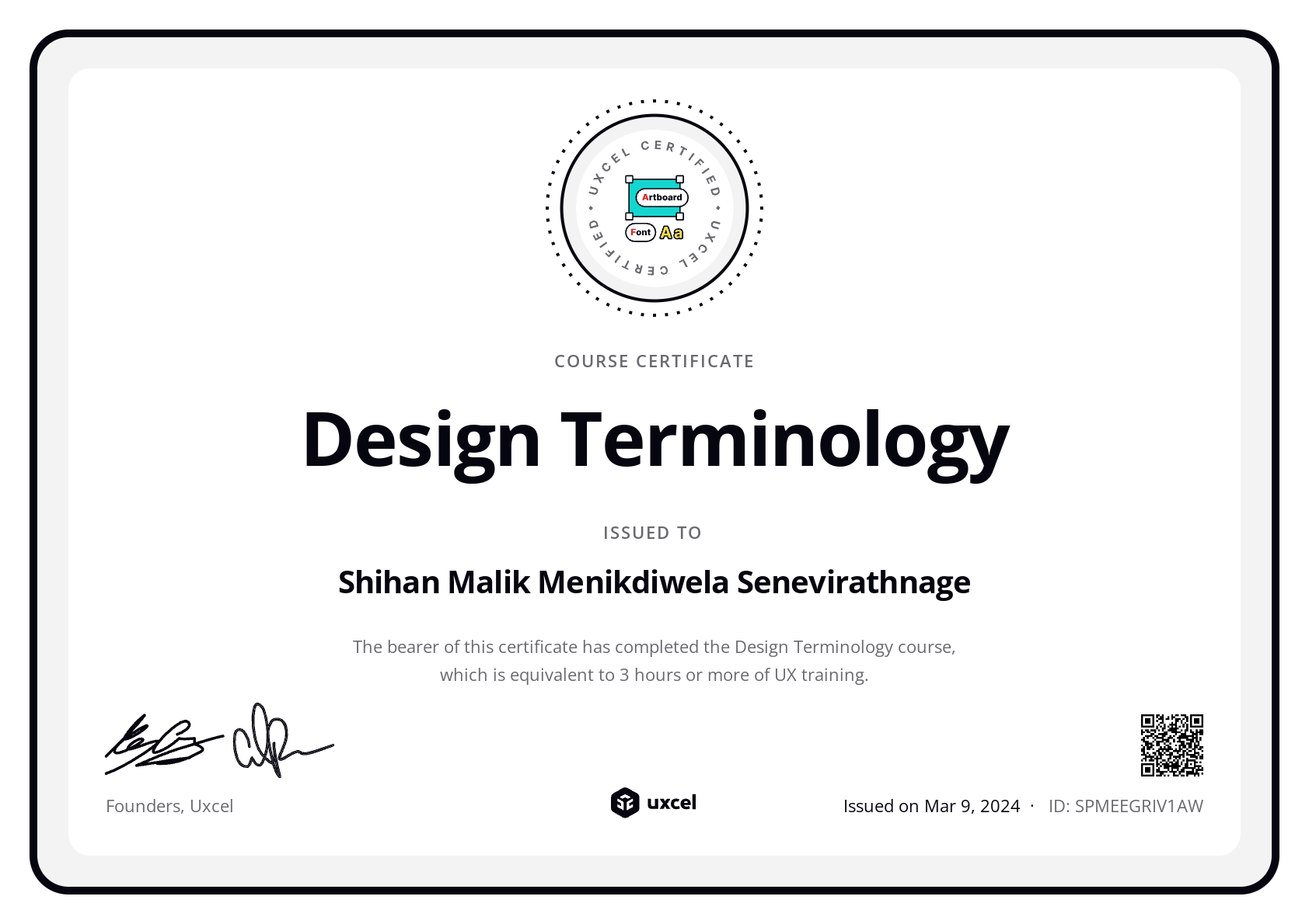 Shihan Menikdiwela's certificate